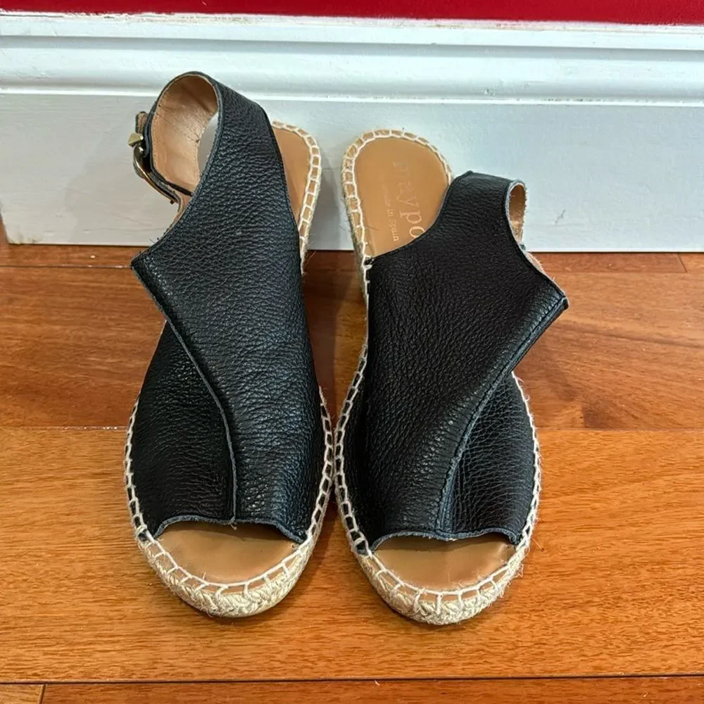 Anthropologie Maypol black Leather Cross Band‎ Espadrilles Wedge Sandals 40/9